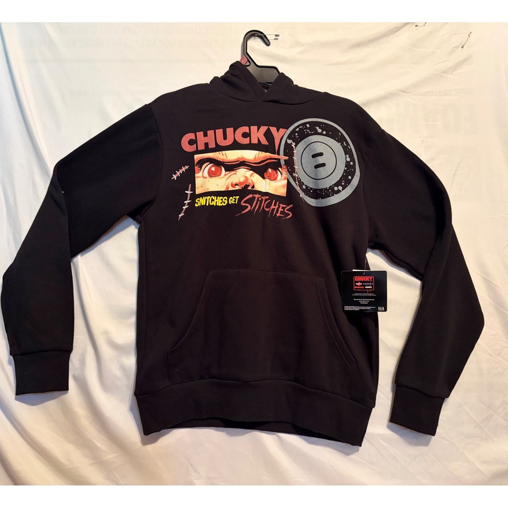 Chucky Snitches Get Stitches Black Graphic Hoodie Mens Small YER082AMNWT NWT